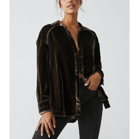 NEW FREE PEOPLE Marianne Velvet Shirt / Midnight Brown - Picture 2 of 9